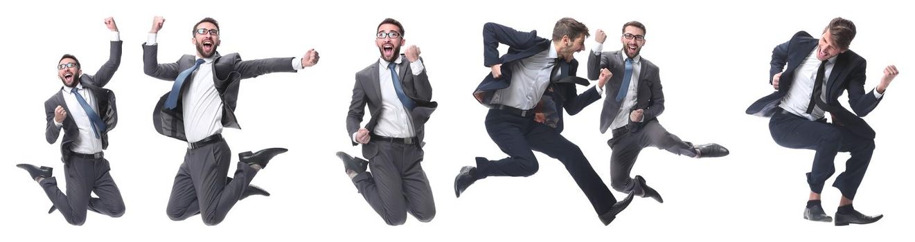 in full growth. two cheerful dancing business people. isolated on white background.