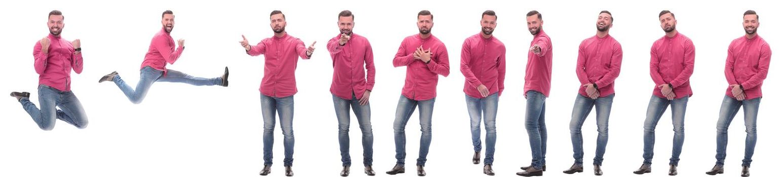 collage of photos of an emotional man in a red shirt. isolated on a white background