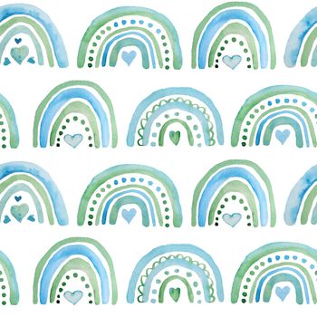 Seamless watercolor hand drawn pattern with boho rainbows green blue turquoise hearts for St Valentine Day fabric wrapping paper. Elegant design background for love celebration wedding. Modern texture