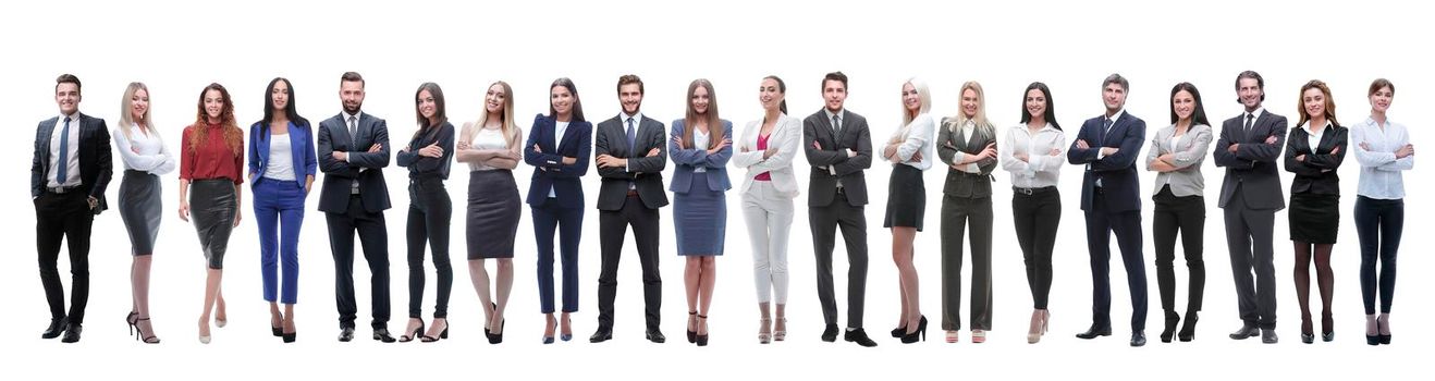 panoramic photo of a group of young entrepreneurs standing in a row . isolated on white