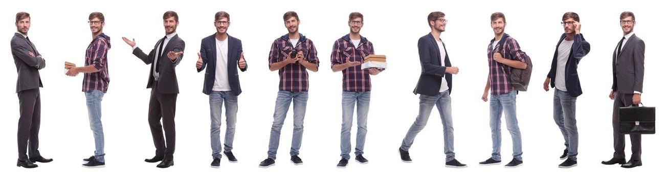 panoramic collage of a promising young man .isolated on white background
