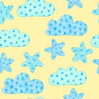 Watercolor hand drawn seamless pattern of blue boy baby shower fabric print. Pastel nursery stars rainbow balloons clouds. Cute kawaii birthday invite invitation illustration design transport car