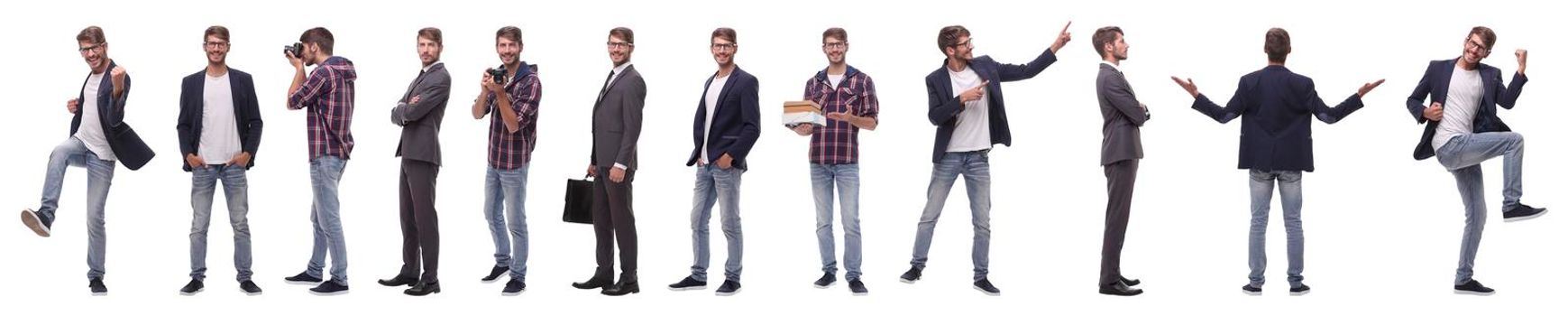 panoramic collage of self-motivated young man .isolated on white background