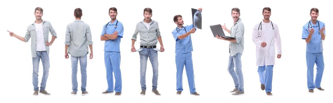 collage doctor and young man isolated on white background