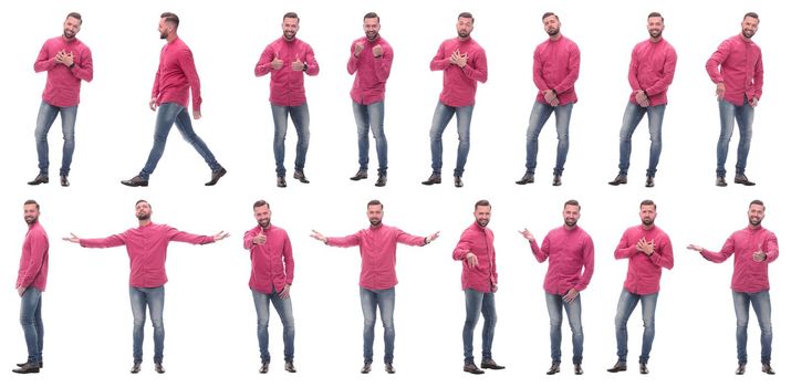 collage of photos of an emotional man in a red shirt. isolated on a white background