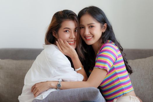 Young Asian Women LGBT lesbian couple love moments happiness at bedroom. LGBTQ or Gay and pride concpet