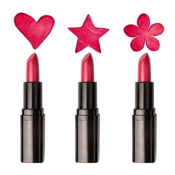 Set of red lipsticks with various strokes shapes isolated on white background. Lipstick heart, star and flower strokes shapes isolated on white background