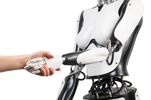 Robot and adult man holding hands with handshake isolated on white background