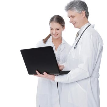 doctors colleagues looking at laptop screen.isolated on a white background.