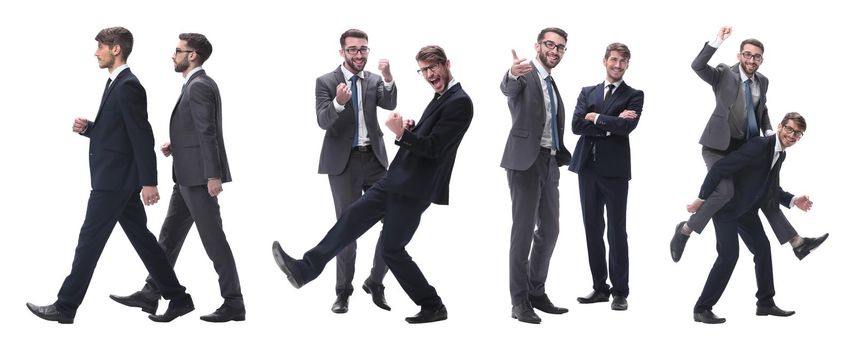 smiling businessman sitting on the back of his colleague . isolated on white background.