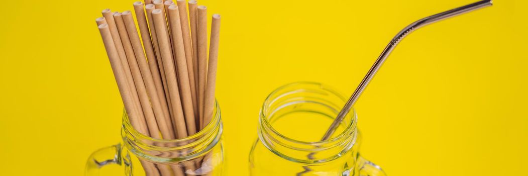 Steel drinking vs disposable straws on a yellow background. Zero waste concept. BANNER, LONG FORMAT