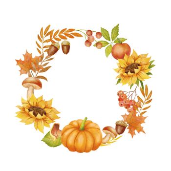 Watercolor autumn round wreath with sunflower, pumpkin, mushrooms and acorns. Fall season illustration on white background. Autumn frame