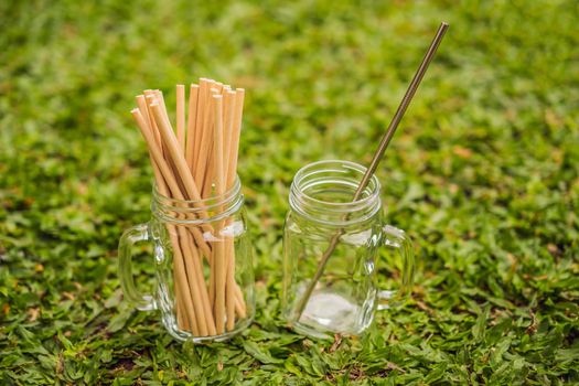 Steel drinking vs disposable straws on grass background. Zero waste concept.