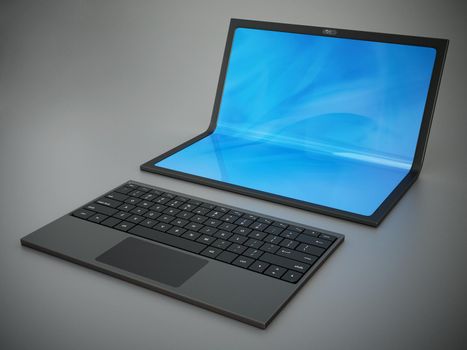 Futuristic laptop computer with foldable screen. 3D illustration.