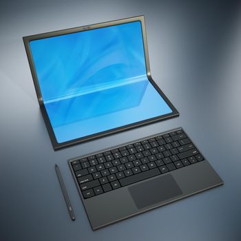 Futuristic laptop computer with foldable screen and pen. 3D illustration.