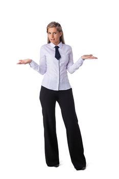 Puzzled business woman wearing formal suit holding hands in air in confusion with the face expression I do not know, so what isolated on white background.