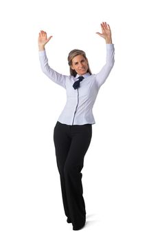 Happy young business woman with arms raised, studio isolated on white background, full length portrait