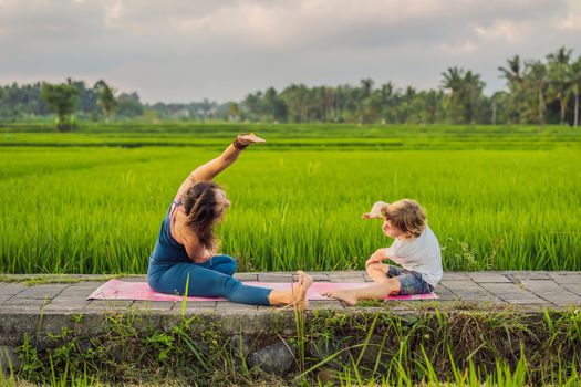 Boy and his yoga teacher doing yoga in a rice field.