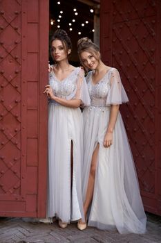 Beautiful bridesmaids in gorgeous elegant stylish silver dress decorated with sequins sparkles. Wedding day in old beautiful European city.