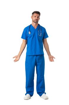Healthcare worker, clueless and indecisive bearded male doctor in blue uniform, shrugging and looking troubled answer, dont know, full length portrait isolated on wite background