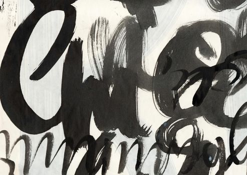 Abstract background with black brush strokes, expressive calligraphy with elements of letters