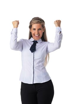 Joyful business woman successful with excitement up keeps hands raised arm standing on white background with copy space. Excited young girl screaming success holding fist up looking camera isolated
