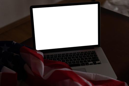 Flag of USA. laptop with blank screen.