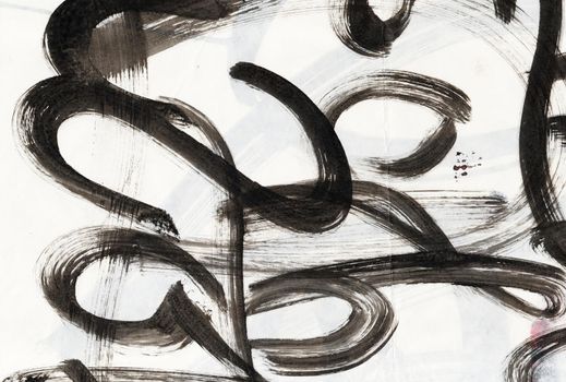 Abstract background with black brush strokes, expressive calligraphy with elements of letters