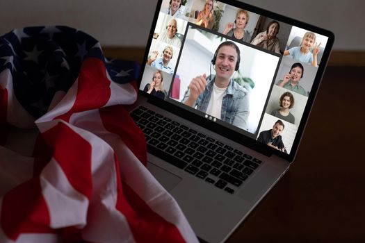 laptop with video chat, flag of the usa.