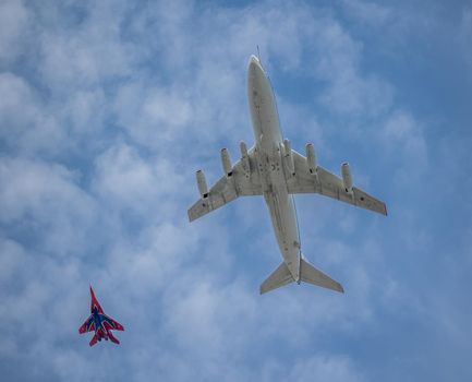 Moscow Russia - may 07 2022: Repetition of the air parade with Russian military aircraft for Victory Day on May 9.