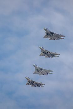 Moscow Russia - may 07 2022: Repetition of the air parade with Russian military aircraft for Victory Day on May 9.