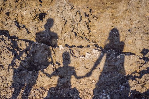 Shadow of a family on the rocks.