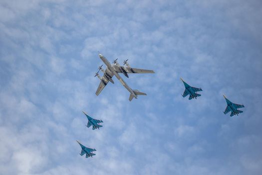 Moscow Russia - may 07 2022: Repetition of the air parade with Russian military aircraft for Victory Day on May 9.