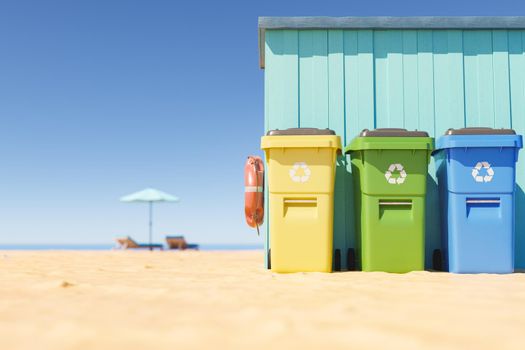 3D illustration of colorful bins for recyclable trash placed on sand near shed against cloudless blue sky on summer day on beach