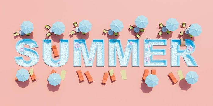 3d rendering of the word SUMMER in the shape of a swimming pool with sunbeds, chairs and umbrellas around it