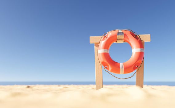 3D illustration of wooden rack with life saving buoy installed on sandy beach against sea and cloudless blue sky