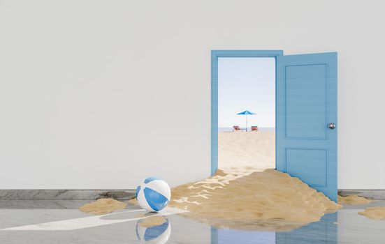 3D illustration of ball and sand spreading through opened blue door from beach located behind gray wall during summer vacation