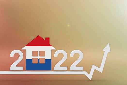 The cost of real estate in Netherlands in 2022. Rising cost of construction, insurance, rent in Netherlands. 3d house model painted in flag colors, up arrow on yellow background.