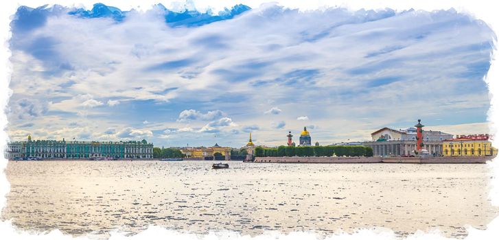 Watercolor drawing of Panorama of Saint Petersburg with Winter Palace, State Hermitage Museum, Palace Bridge across Neva river, Saint Isaac's Cathedral, Strelka Arrow of Vasilyevsky Island, Russia