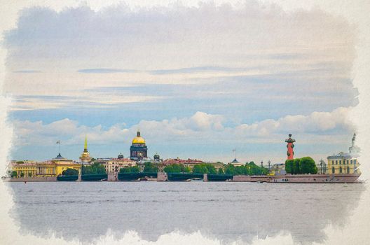 Watercolor drawing of Cityscape of Saint Petersburg Leningrad city with Palace Bridge bascule bridge across Neva river, Saint Isaac's Cathedral, Strelka Arrow of Vasilyevsky Island, Russia