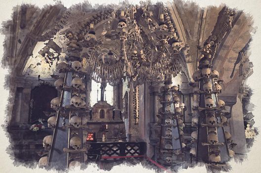 Watercolor drawing of Room with colonnade of human bones and skulls. Bony lustre hang rom ceiling. Altar with crucifixion of Jesus Christ in Kostnice Church