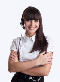 Young woman with headset friendly smile isolated