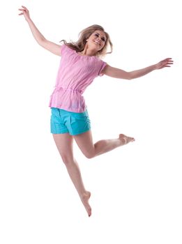 Happy woman jump and smile isolated on white