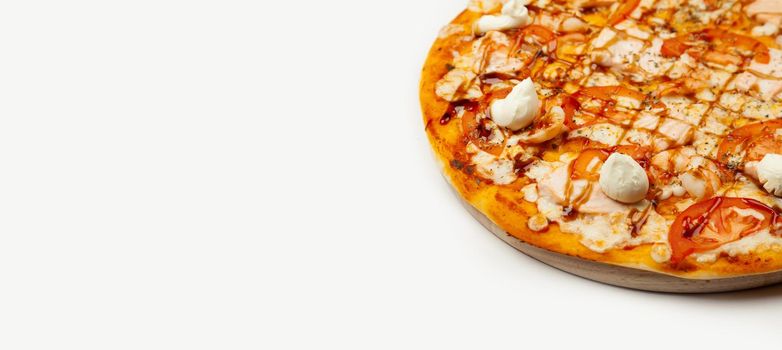 Delicious Philadelphia pizza served on a wooden plate, ingredients Signature sauce, mozzarella cheese, salmon, shrimps, tomatoes, Teriyaki sauce Philadelphia cheese on white. Pizzeria promotion poster