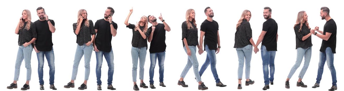 collage of photos of a couple of happy young people . isolated on a white background