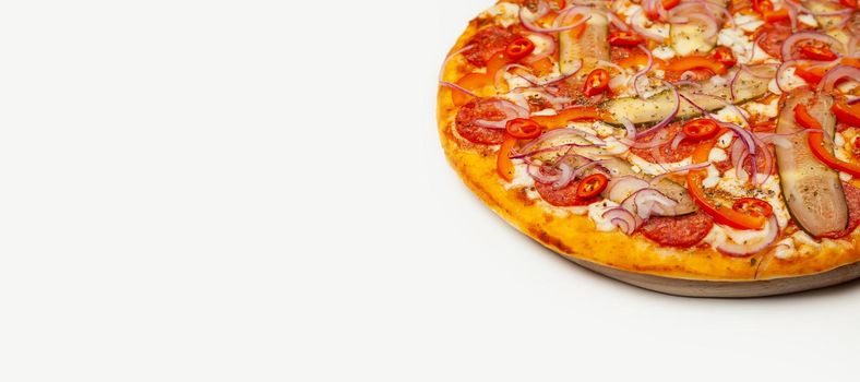 Tasty pizza Spicy pepper served on a wooden plate, ingredients Signature sauce, mozzarella cheese, pepperoni, pickled cucumber, Bulgarian pepper, red onion, chili pepper. Pizzeria promotion poster.