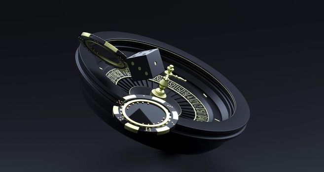 Casino background. Luxury Casino roulette wheel on black background. Online casino theme. Close-up white casino roulette with a chips and dice. Poker game table. 3d rendering illustration