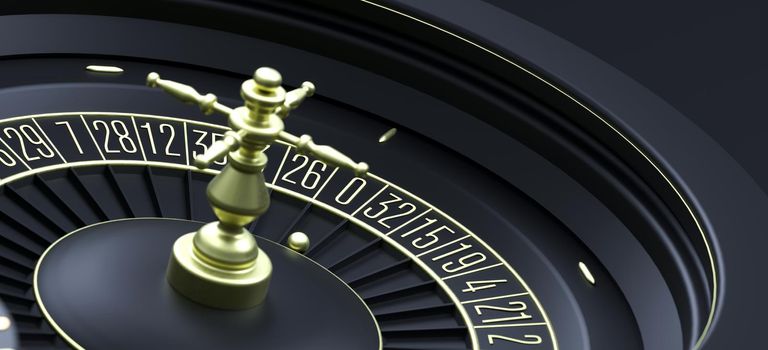 Luxury casino roulette wheel. Online casino theme. Close-up black casino roulette with ball on zero. Poker game table. Modern casino background 3d rendering