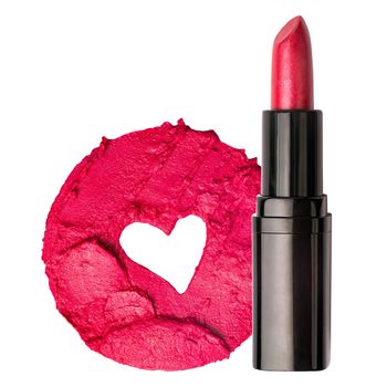 Red lipstick with a lipstick sample with a shape of heart isolated on a white background. Beauty cosmetics concept