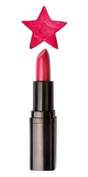 Red lipstick with a lipstick star stroke isolated on a white background. Cosmetics concept